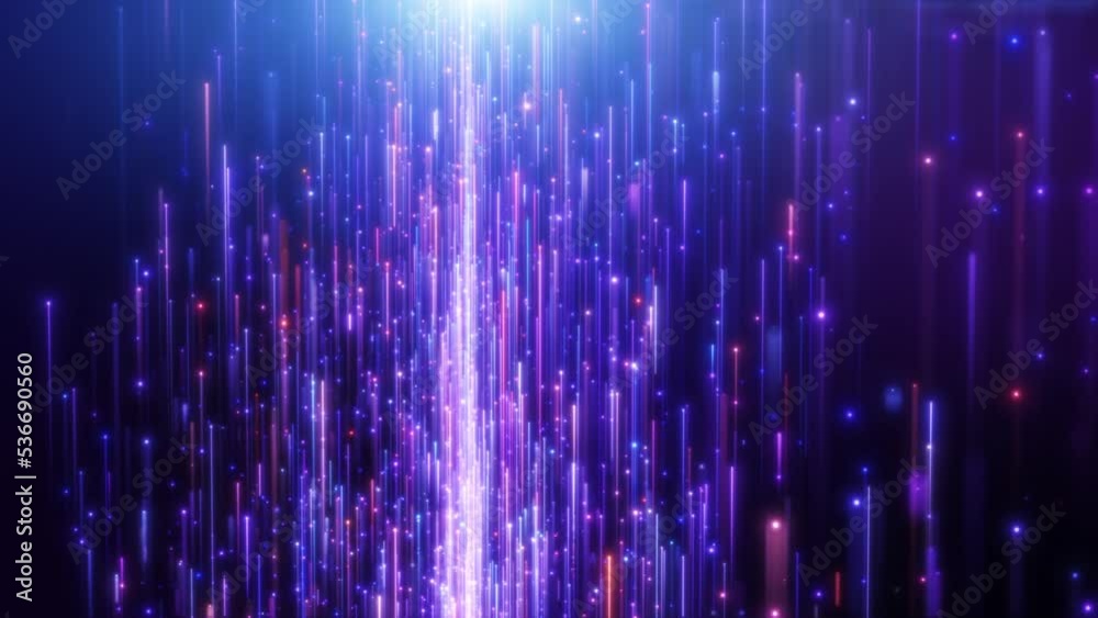 Dynamic glowing line blue purple glow light trail with particles background.