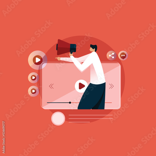 Person Standing with Megaphone, Digital Marketing Strategy, Social media Video Marketing Illustration concept