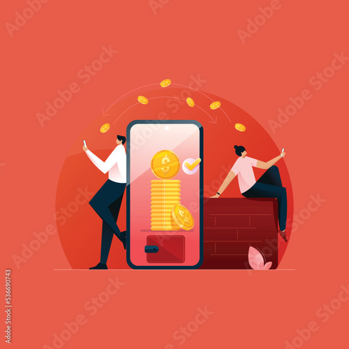 Payment Money Sending and Receiving illustration, People using Mobile Bank for Remittance of Money conversion