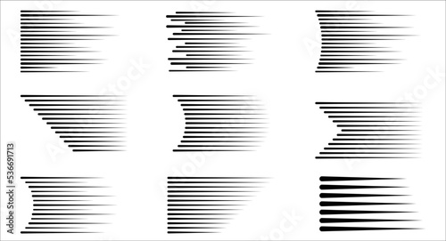 Set of Manga motion speed lines. Collection of Anime action frame lines. Superhero action. Motion effects on transparent background. Flash explosion radial lines Vector illustration Black line