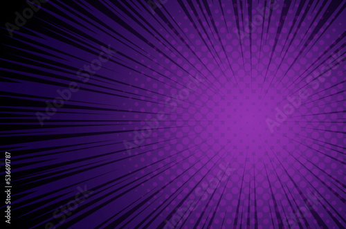 Manga anime action frame lines with halftones. Purple color. Pop art retro background with exploding rays of lightning comic style  vector illustration. Abstract explosive template with speed lines