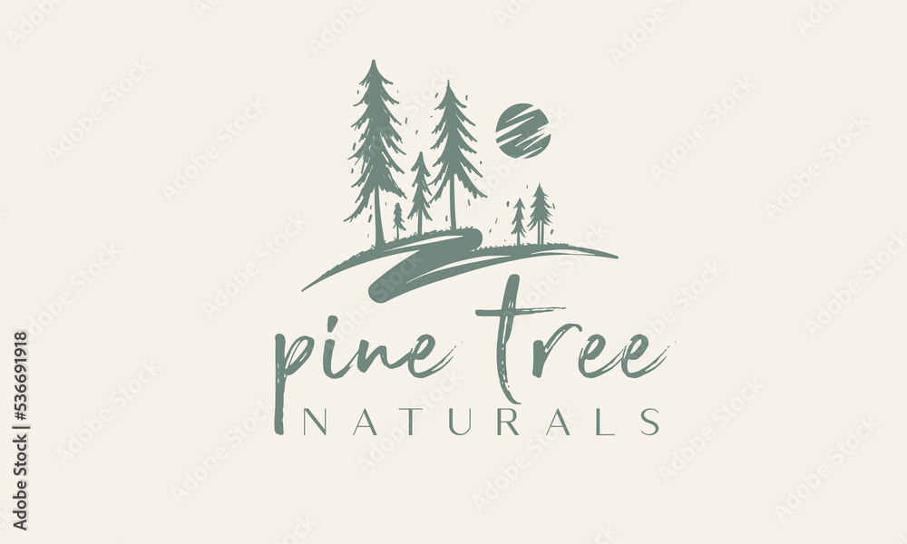 meadow logo river valley green pine, tree vector silhouette illustration for landscape design or print art template