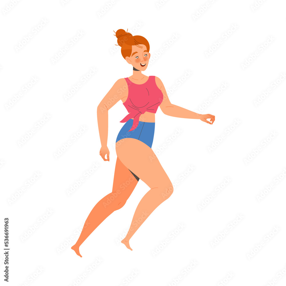 Happy Woman in Swimsuit Running on Beach Enjoying Summer Vacation and Seaside Rest Vector Illustration