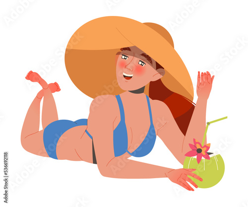 Happy Woman in Blue Swimsuit and Wide Brimmed Hat Lying on Beach with Cocktail Enjoying Summer Vacation and Seaside Rest Vector Illustration