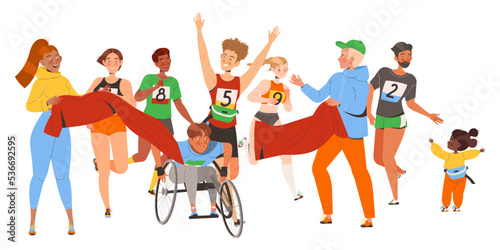 People Character Participating in Marathon Running in Sportswear with Numbers Vector Illustration