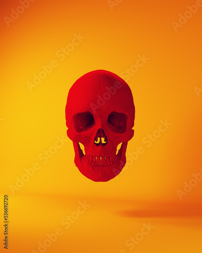 Red Skull Halloween Horror Death Head Human Anatomical Skeleton Orange Background 3d illustration render