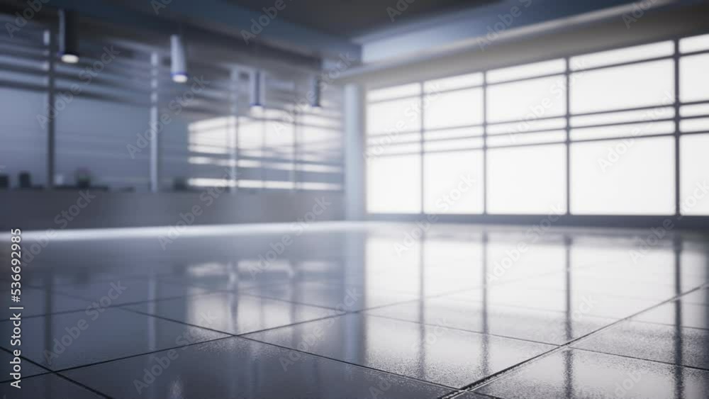 empty office space with large window, glass walls and background at sunrise with open clean room to work. 3D Rendering empty office space with large window, glass walls and background at sunrise with open clean room to work. 3D Rendering