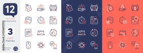 Set of Scroll down, Partnership and Checkbox line icons. Include Loyalty tags, Cyber attack, Fast verification icons. Checked calculation, Artificial intelligence, Swipe up web elements. Vector