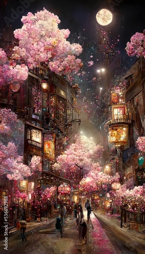 Foto Beautiful digital drawing of people walking between houses with cherry blossoms