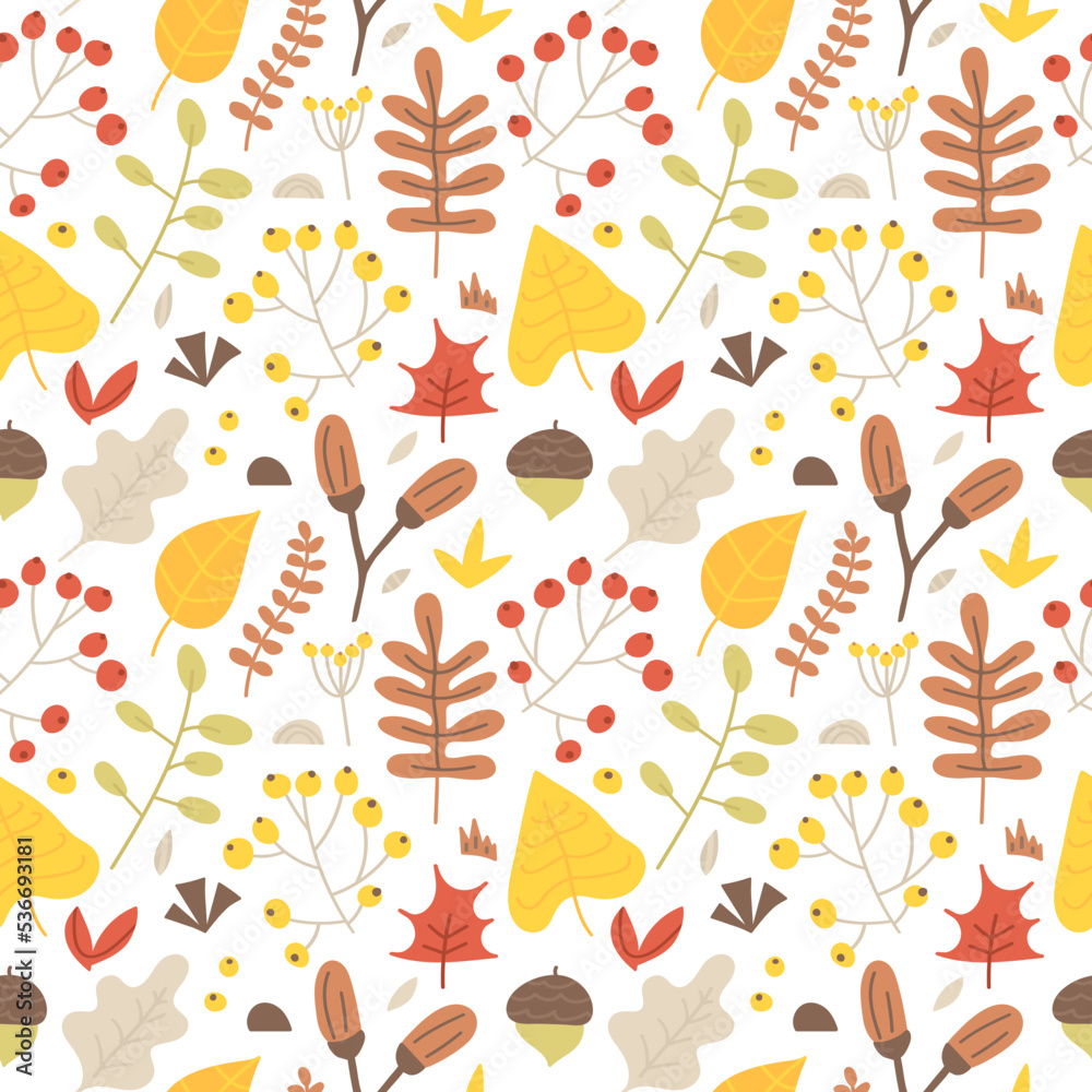 Autumn seamless pattern of leaves, twigs, acorns, branches and berries. Seasons vector illustration, september, october and november atmosphere. Texture from cute hand drawn plants, botanical elements