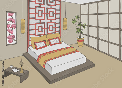 Asia bedroom graphic color home interior design sketch illustration vector