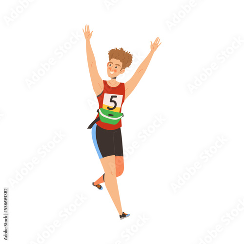 Cheerful Man Character Participating in Marathon Running in Sportswear with Number Raising Hands Finishing Vector Illustration