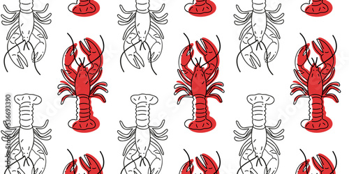Crayfish. Seamless pattern of fresh red crayfish flat and doodle or hand drawn vector illustration photo