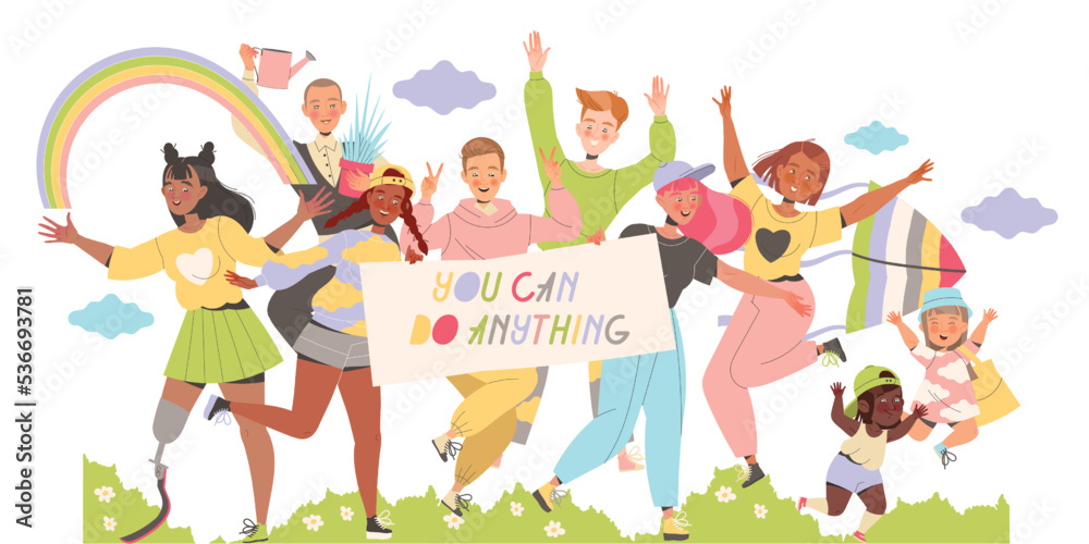 Group of Happy People Characters Sharing Positive Vibes with Rainbow and Placard Smiling and Cheering Vector Illustration