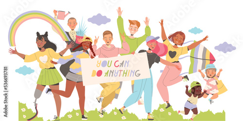 Group of Happy People Characters Sharing Positive Vibes with Rainbow and Placard Smiling and Cheering Vector Illustration