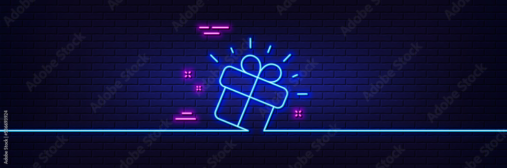 Neon light glow effect. Gift line icon. Present box sign. Brand marketing symbol. 3d line neon glow icon. Brick wall banner. Gift outline. Vector Neon light glow effect. Gift line icon. Present box sign. Brand marketing symbol. 3d line neon glow icon. Brick wall banner. Gift outline. Vector