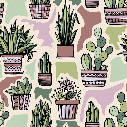 Seamless pattern with home plants. Hand drawn potted houseplants.