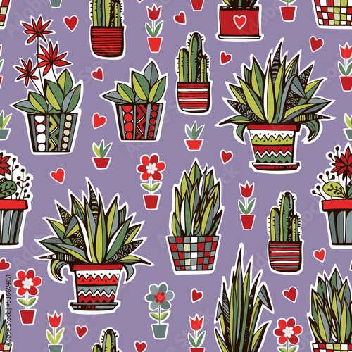 Cute seamless vector pattern with house plants in pots.