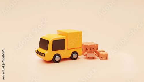 Delivery truck with cardboard free shipping fast delivery car deliver express delivery transportation logistics concept background 3d rendering illustration