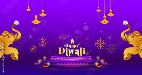 Happy Diwali or Dhanteras Festival banner design. Luxury Sparkle background with podium, candles and Diwali Light decoration.