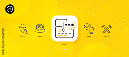 Inspect, Card and Spanner tool minimal line icons. Yellow abstract background. 360 degree, Checkbox icons. For web, application, printing. Builder review, Bank payment, Repair. Virtual reality. Vector