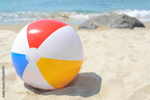 Wet colorful beach ball at seaside on sunny day, space for text