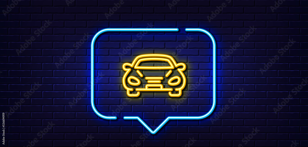 Neon light speech bubble. Car transport line icon. Transportation vehicle sign. Driving symbol. Neon light background. Car glow line. Brick wall banner. Vector Neon light speech bubble. Car transport line icon. Transportation vehicle sign. Driving symbol. Neon light background. Car glow line. Brick wall banner. Vector