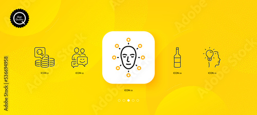 Idea, Wine and Inspect minimal line icons. Yellow abstract background. Face biometrics, Communication icons. For web, application, printing. Professional job, Merlot bottle, Money budget. Vector