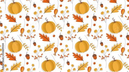 Hand-drawn seamless pattern with plants and pumpkins. Background