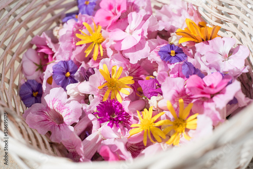 Large variety of flowers in a wicker basket