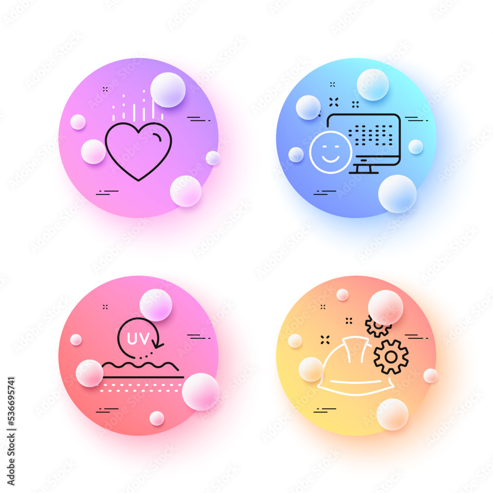 Working process, Uv protection and Smile minimal line icons. 3d spheres or balls buttons. Heart icons. For web, application, printing. Engineer helmet, Skin cream, Positive feedback. Love. Vector Working process, Uv protection and Smile minimal line icons. 3d spheres or balls buttons. Heart icons. For web, application, printing. Engineer helmet, Skin cream, Positive feedback. Love. Vector