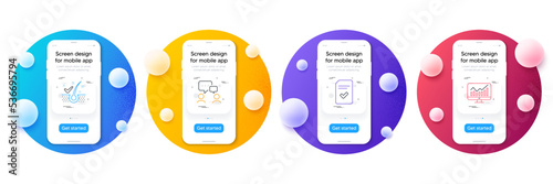 Minimal set of People chatting, Anti-dandruff flakes and Checked file line icons for web development. Phone ui interface mockup with balls. Statistics icons. Vector