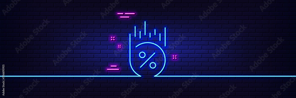 Neon light glow effect. Loan percent line icon. Discount sign. Credit percentage symbol. 3d line neon glow icon. Brick wall banner. Loan percent outline. Vector - obrazy, fototapety, plakaty 