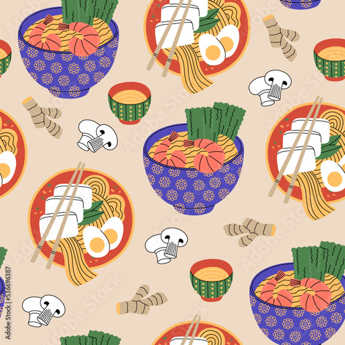 Seamless pattern of bowls and chopsticks with different ramen recipes. Hot noodle with shrimps, tofu, eggs, mushrooms, souse. Popular asian food. Hand drawn vector illustration. Flat cartoon style