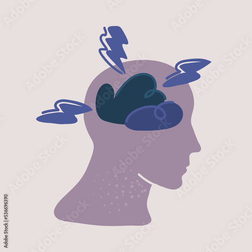 Vector illustration of Thunder inside head, Brain Electric Shock. Depression sad, concept mental problems