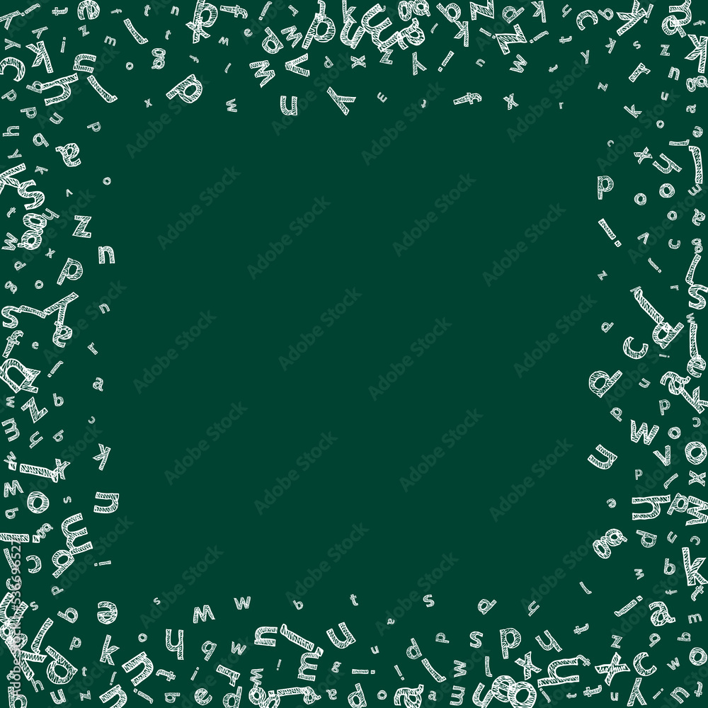Falling letters of English language. Sketch chalk flying words of Latin alphabet. Foreign languages study concept. Dazzling back to school banner on blackboard background. Falling letters of English language. Sketch chalk flying words of Latin alphabet. Foreign languages study concept. Dazzling back to school banner on blackboard background.