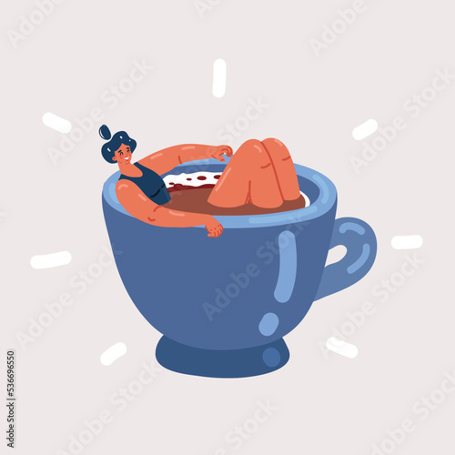 Vector illustration of Funny Girl is Taking bath From Coffee Cup. Coffee Addiction Concept