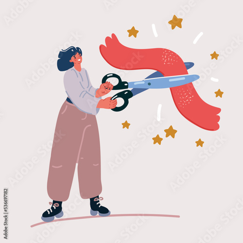 Vector illustration of Opening ceremony concept. Red ribbon. Young girl holding big scissors