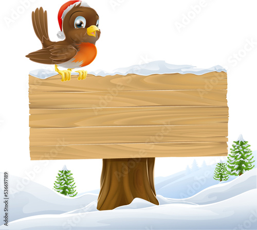 A robin bird wearing a Santa hat Christmas cartoon wooden sign
