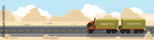 Container trucks with trailers Driving on asphalt roads on wide open spaces. Barren area with rocks and ground without trees and grass. with mountains under blue sky and white clouds for background.