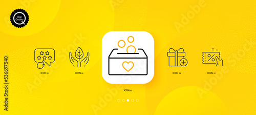 Fair trade, Ranking star and Discount coupon minimal line icons. Yellow abstract background. Donation, Add gift icons. For web, application, printing. Safe nature, Click rank, Sale flyer. Vector
