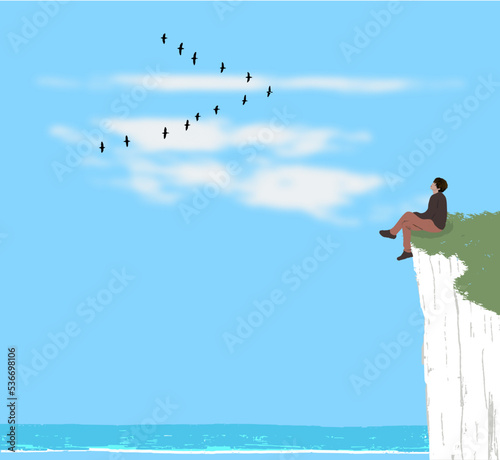 A person sits on a high cliff on the coast and watching a flock of birds flying,  wearing deep purple pullover and rustic orange pants , a long cloud in the blue sky, white wave on the sea.