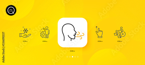 Touchscreen gesture, Employee and Breathing exercise minimal line icons. Yellow abstract background. Freezing, Add team icons. For web, application, printing. Slide up, Cogwheel, Breath. Vector