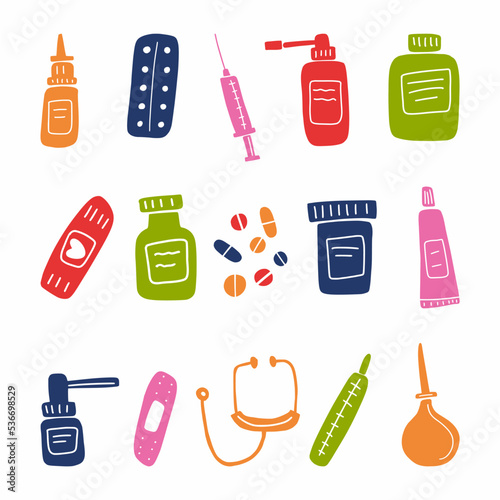 Vector set of medical preparations in the style of doodles