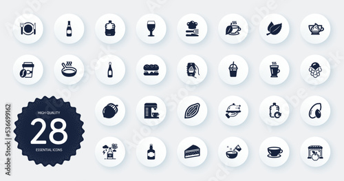 Set of Food and drink icons, such as Refill water, Ice cream and Cooler bottle flat icons. Takeaway coffee, Food app, Cocoa nut web elements. Coffee machine, Mint leaves. Circle buttons. Vector