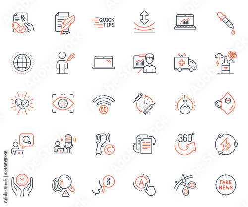 Science icons set. Included icon as People vaccination, Electronic thermometer and Green electricity web elements. Presentation, Resilience, Online statistics icons. Medical drugs. Vector
