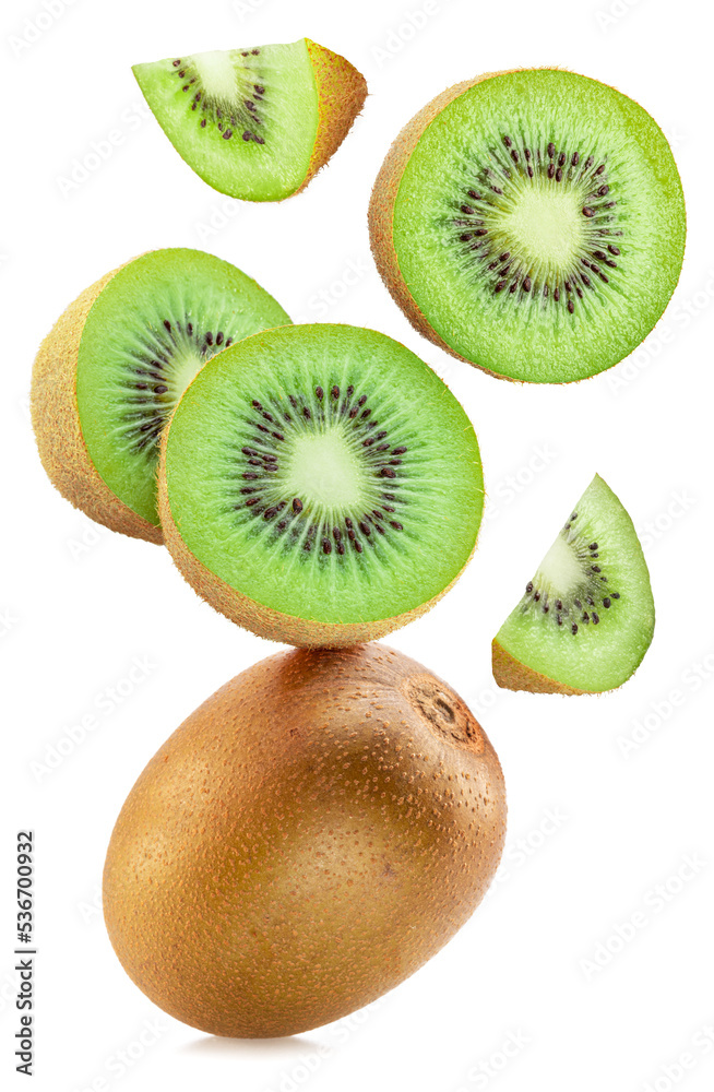 Fototapeta premium Kiwi fruits and kiwi slices flying in air isolated on white background.