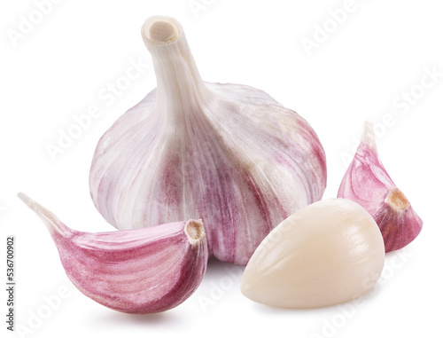 Head of young garlic with garlic cloves isolated on white background.