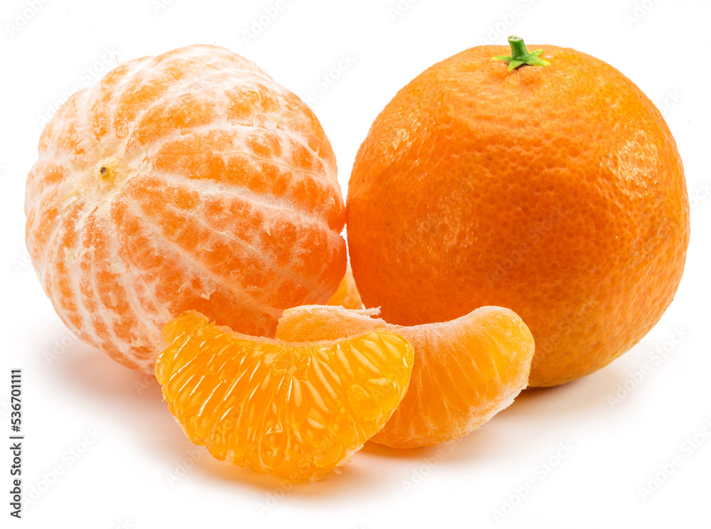 Ripe tangerine fruits with and mandarin slices on white background.