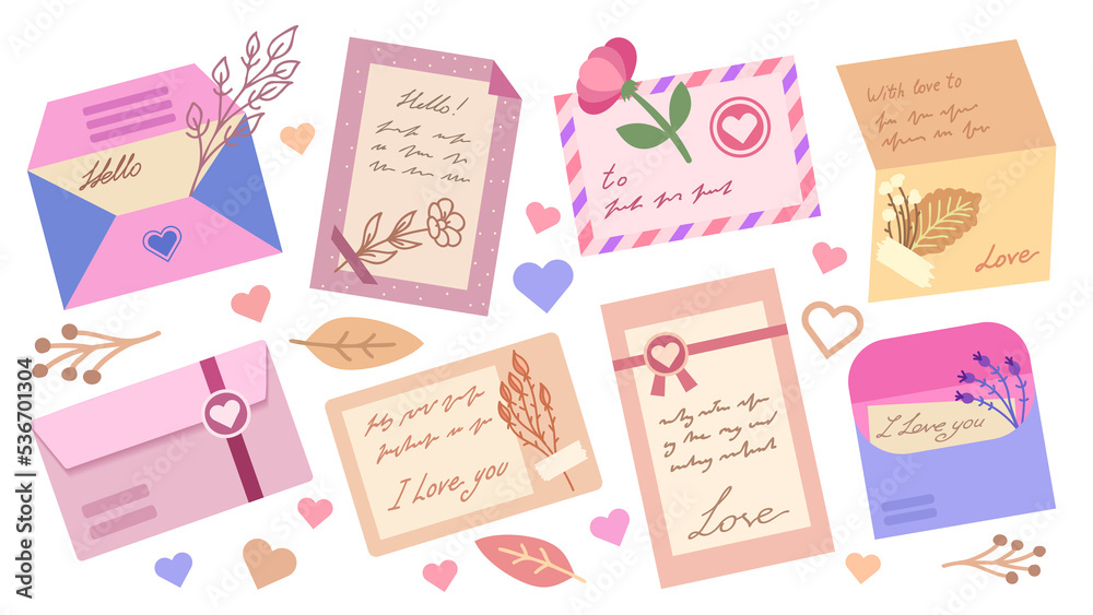 Obraz premium Colorful flat envelops and postcards. Love letters with hearts, flowers, and leaves. Love, friendship and greeting letters for web, social media, crafts, printing design and other.